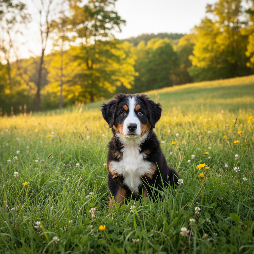 Bernese Mountain Dog puppy in lush green outdoors